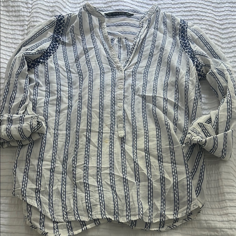 Zara Navy and White Striped Blouse